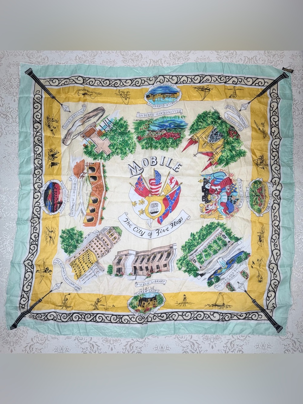 Mobile The City of Five Flags Vintage Souvenir Scarf, Japan, Charmisette